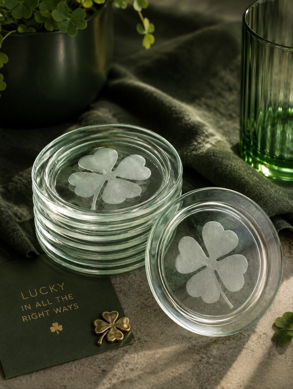 Clover Shamrock Glass Coaster Set 6-pc with Box by 'Monogram Decorative Crystal'